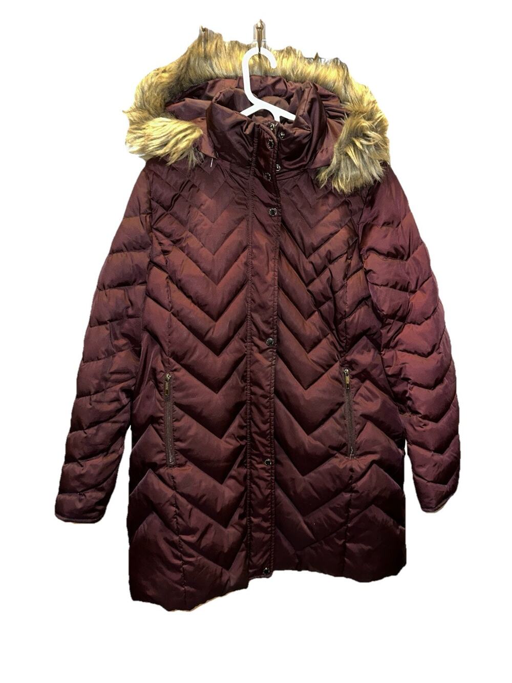 Reaction Kenneth Cole Hooded Down Longline Puffer Jacket Coat Faux Fur Trim S XL